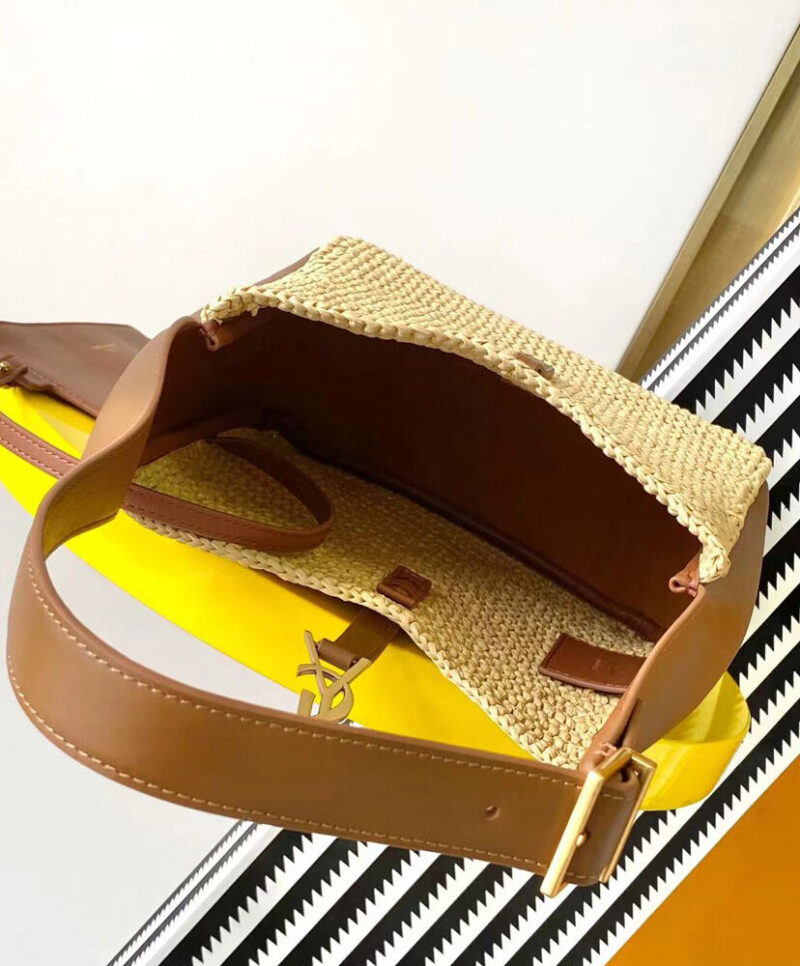 Saint Laurent Le 5 A 7 Supple Small In Raffia And Leather Coffee